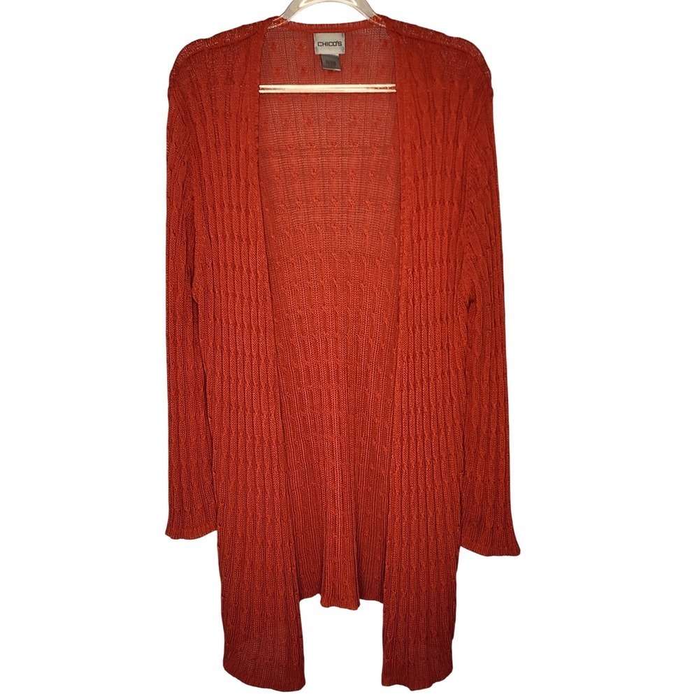 Chico's Open-Front Cable Knit Cardigan in Burnt Orange
